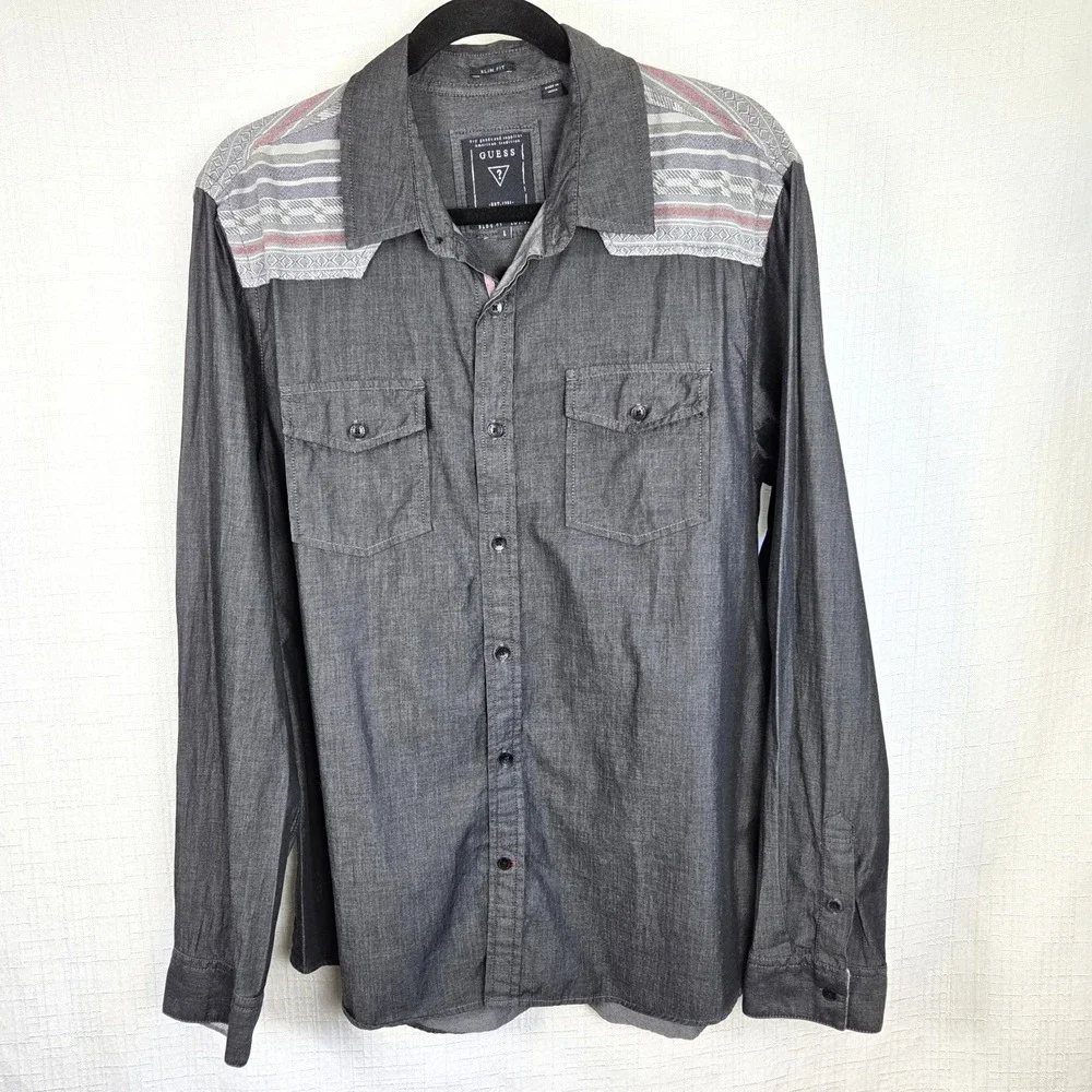 Guess Button Up Charcoal Gray Flip Cuff Yoke Slim‎ Fit Western Shirt Men's L